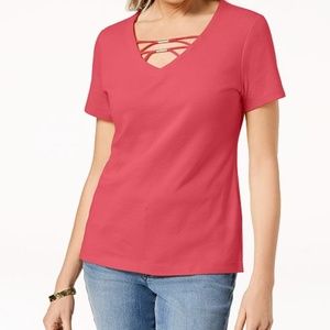 XXL Peony Coral Karen Scott Embellished Neckline Short Sleeve T-Shirt